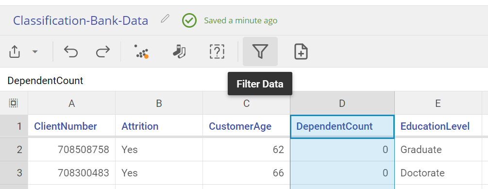 Toolbar with Filter Data icon highlighted