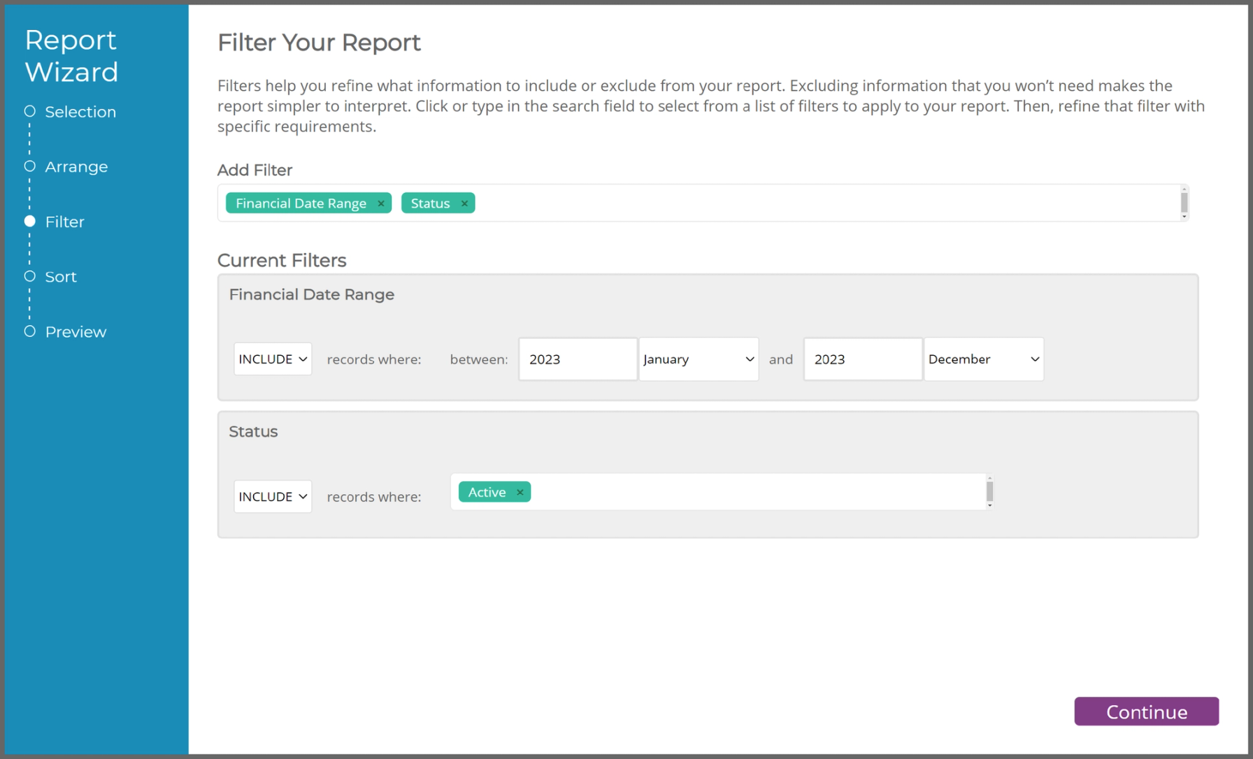 Filtering projects to show 2023 financials and to only include active projects