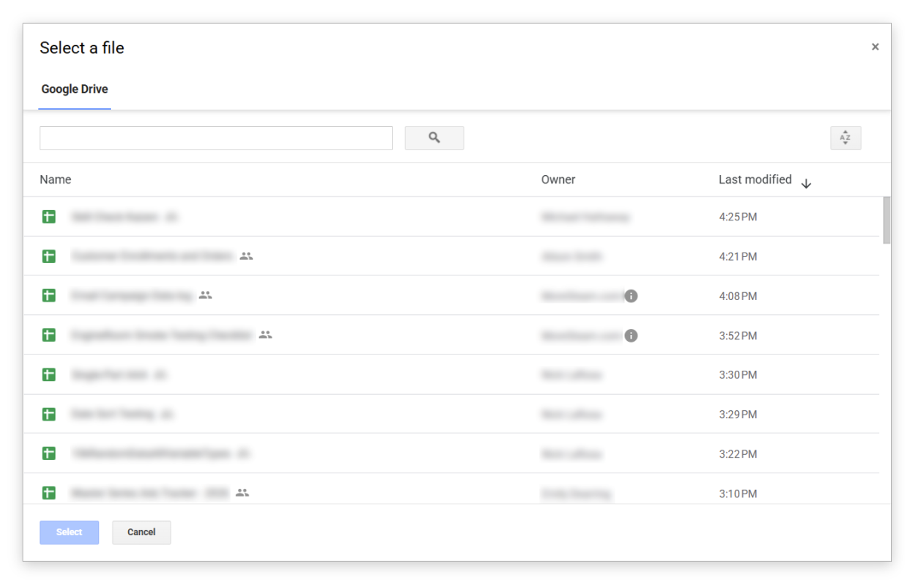 Selection screen for Google Sheets showing a list of titles for Google Sheets