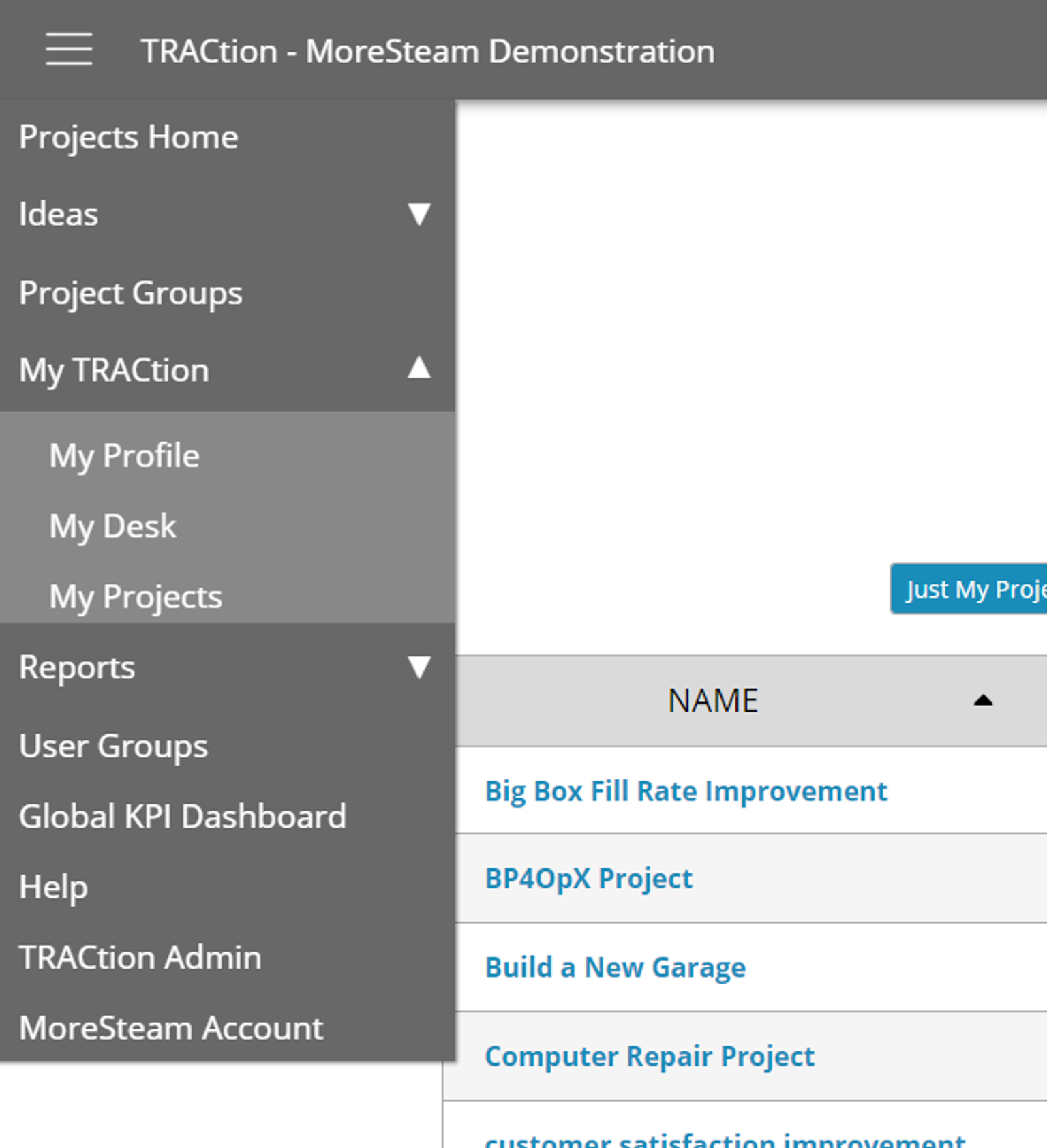 Expanded TRACtion navigation menu, My Desk is visible