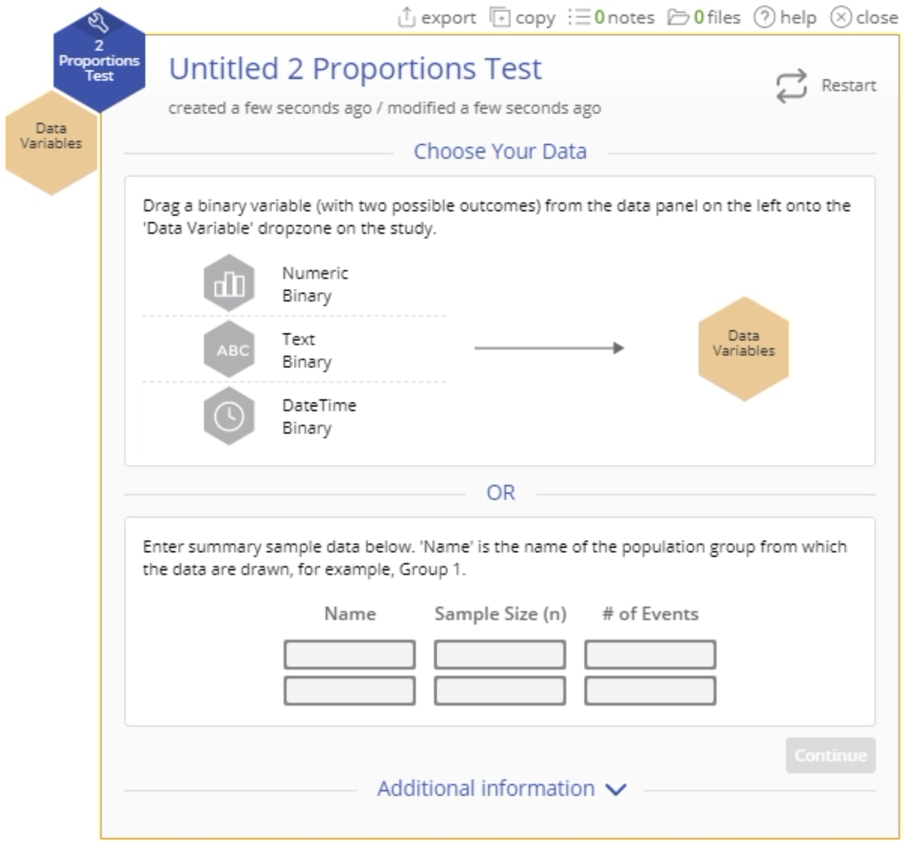 2 proportions test standalone menu.