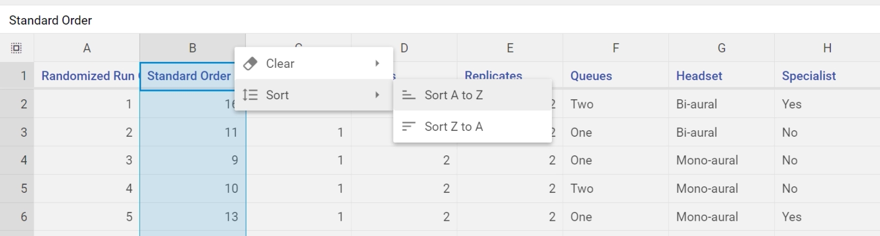 Data Editor interface highlighting the 'Sort' method for the Standard Order column
