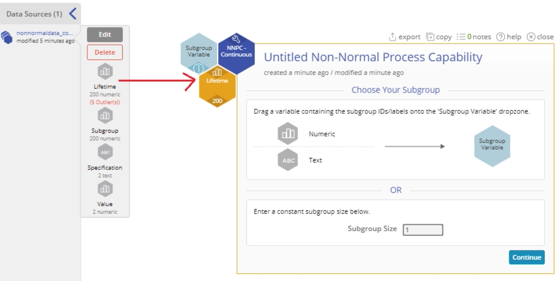 Non-normal process capabilities start up menu with subgroup size 1.
