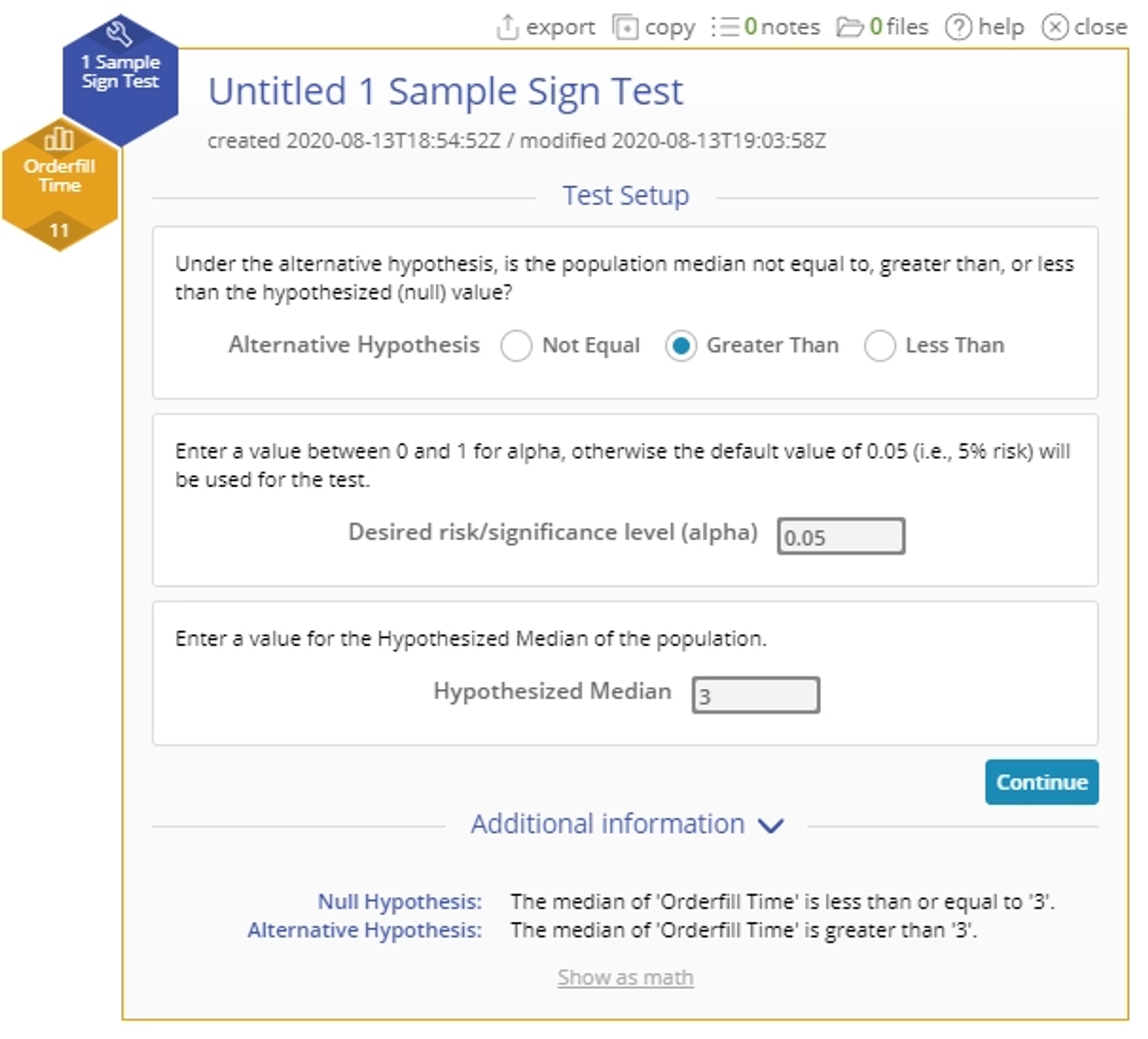 Start up menu for sample sign test.