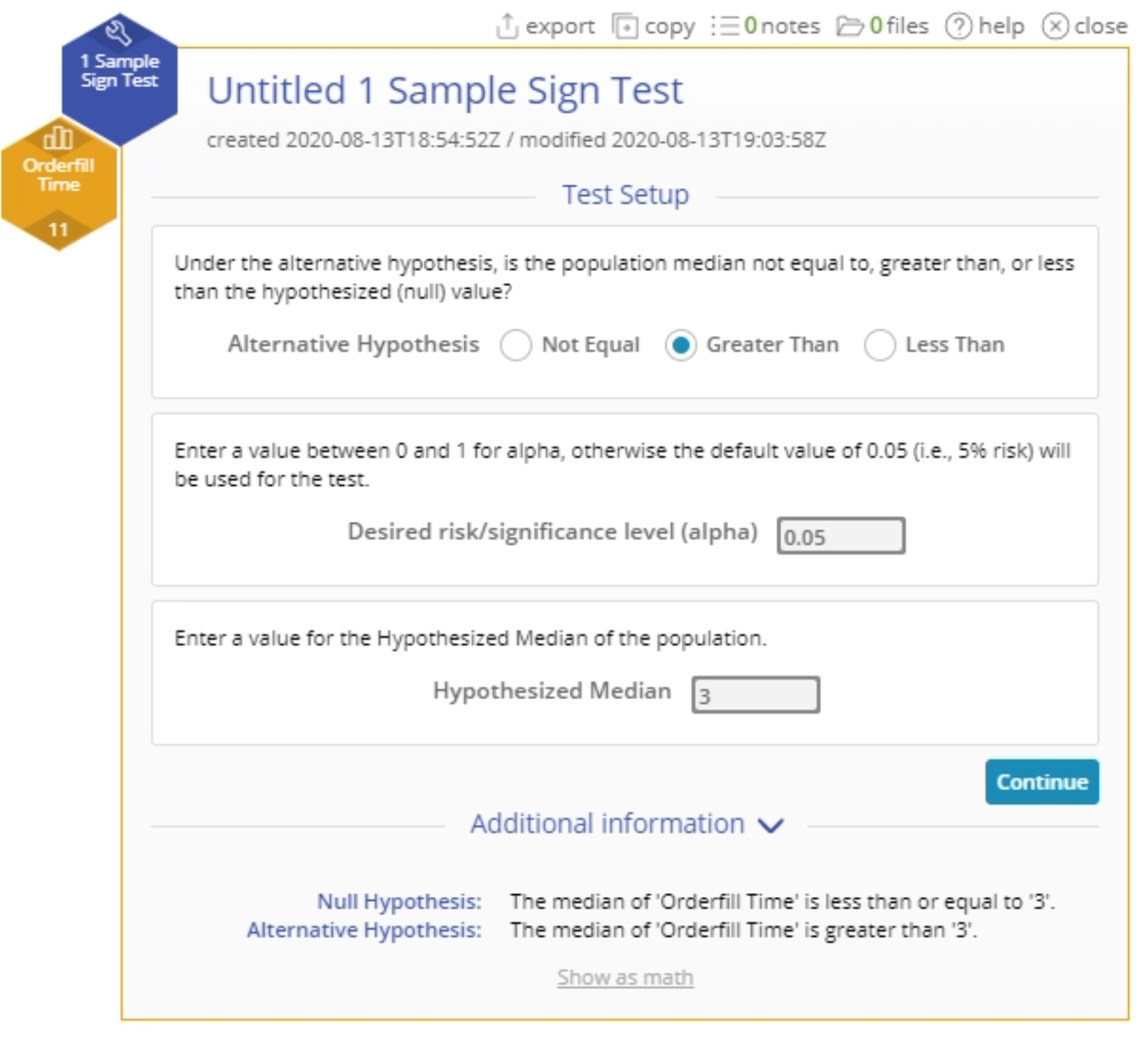 Start up menu for sample sign test.