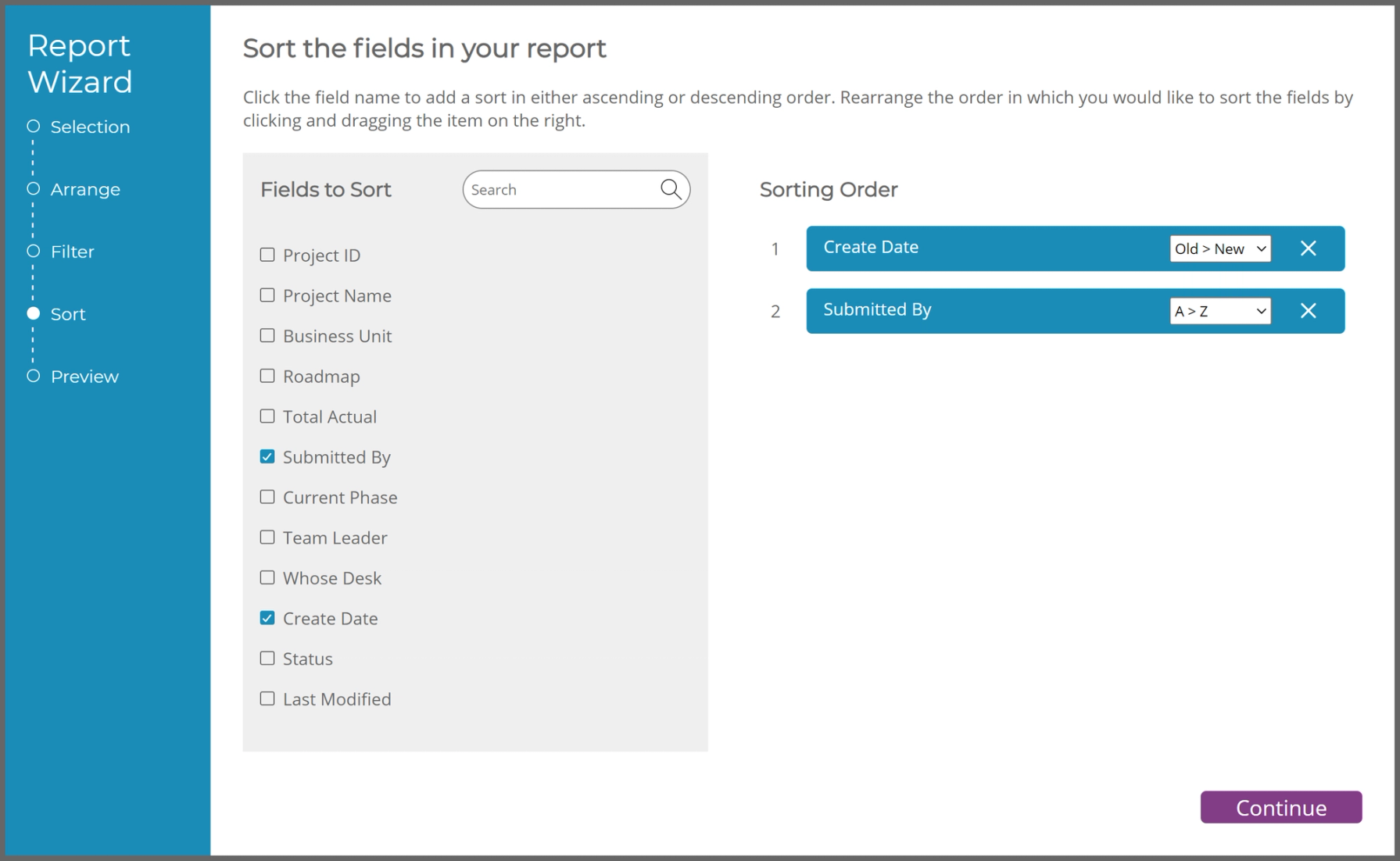 Sorting TRACtion report first by creation date and followed by who submitted the project.