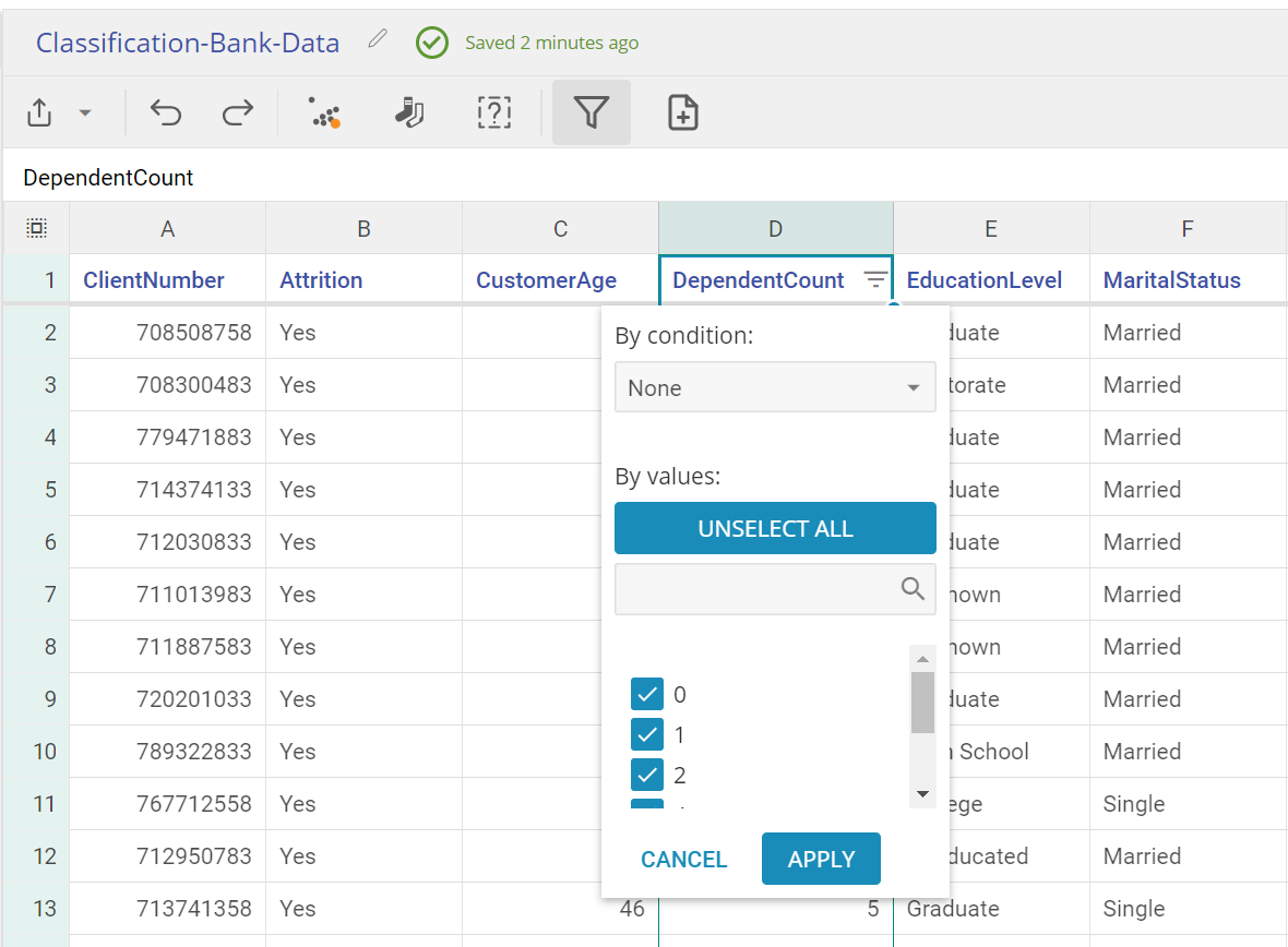 Depend Count column is highlighted with a popover showing unique values in the column with checkboxes