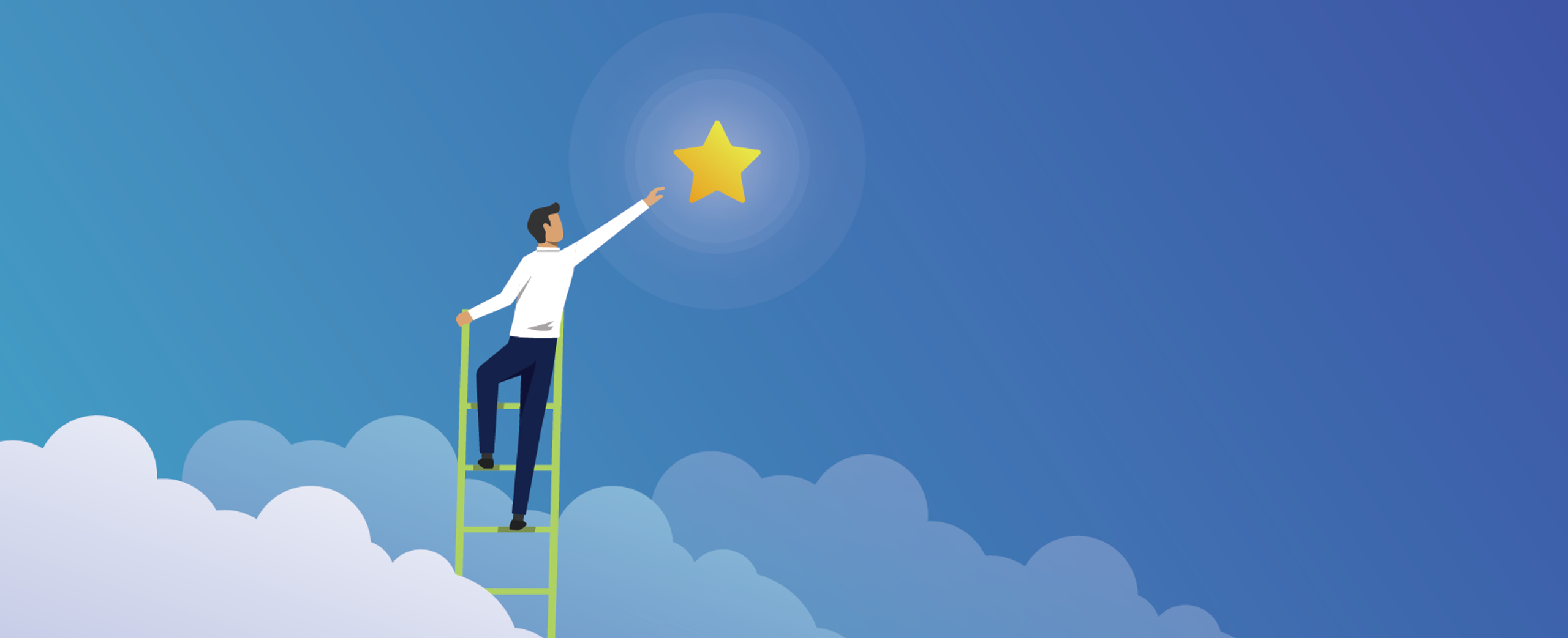 Man on ladder reaching for a star in the sky