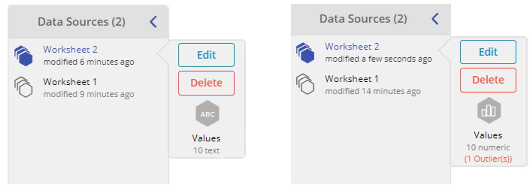 Side by side of two EngineRoom data sources opened to the variable panel. One shows a variable Values that is a Text variable. The other shows Values as a Numeric variable.