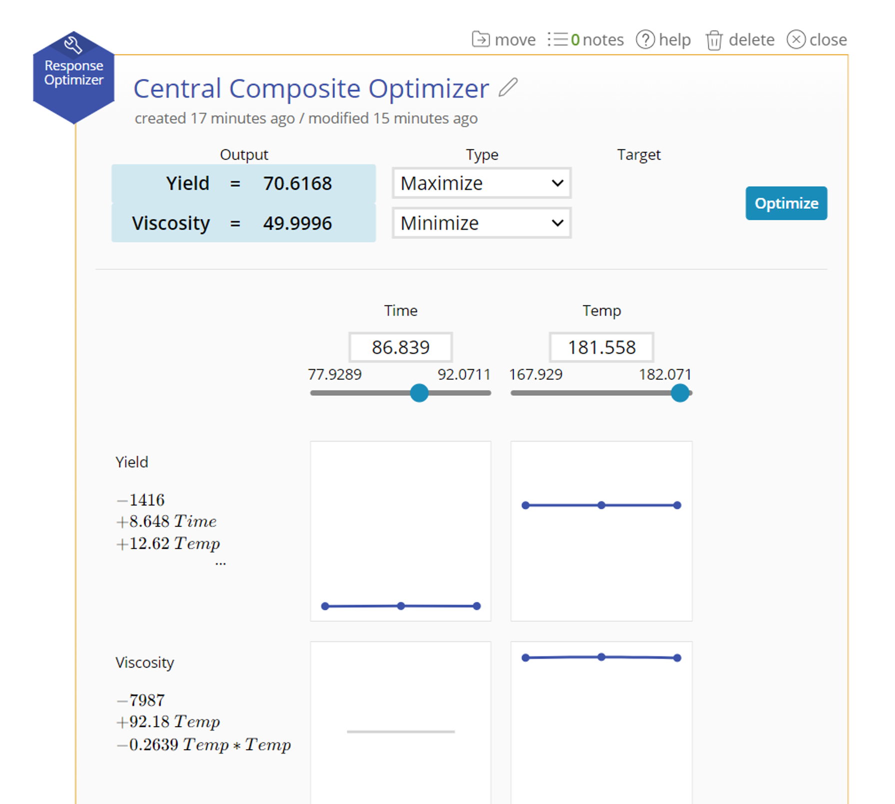 Optimizer with two inputs and two outputs and the outputs set to maximize and minimize, and the results from that.