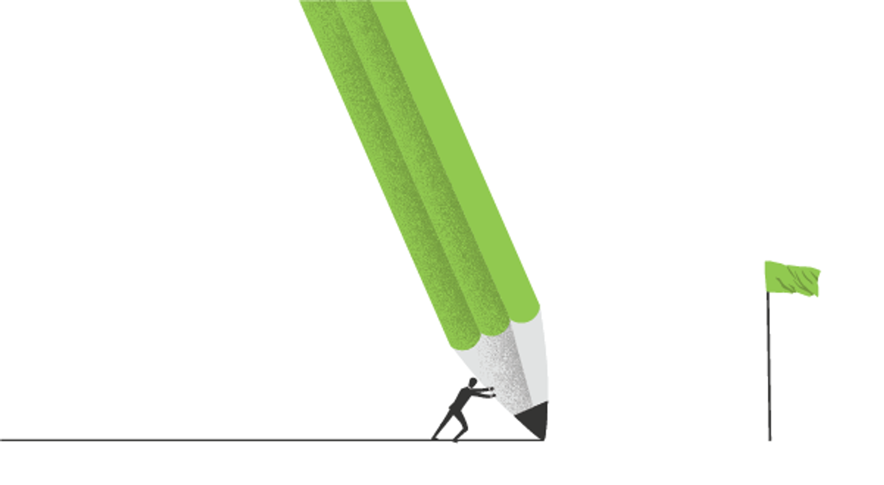 man pushing a very large pencil, drawing a line to a flag