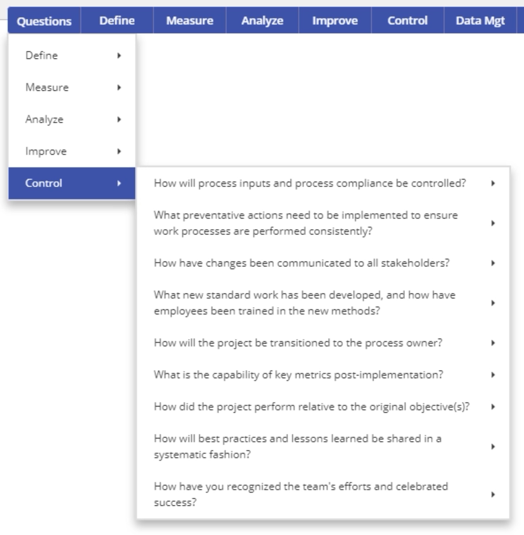 EngineRoom questions menu control dropdown.