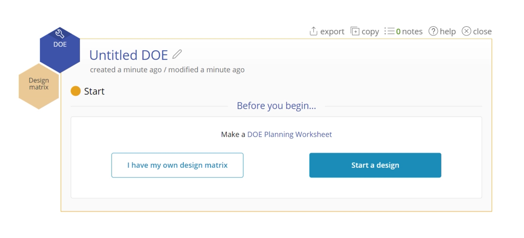 DOE introductory slide with 'I have my own design matrix' and 'Start a Design' buttons.