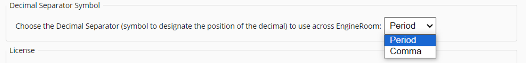Option to change the Decimal Separator symbol with dropdown open to period or comma