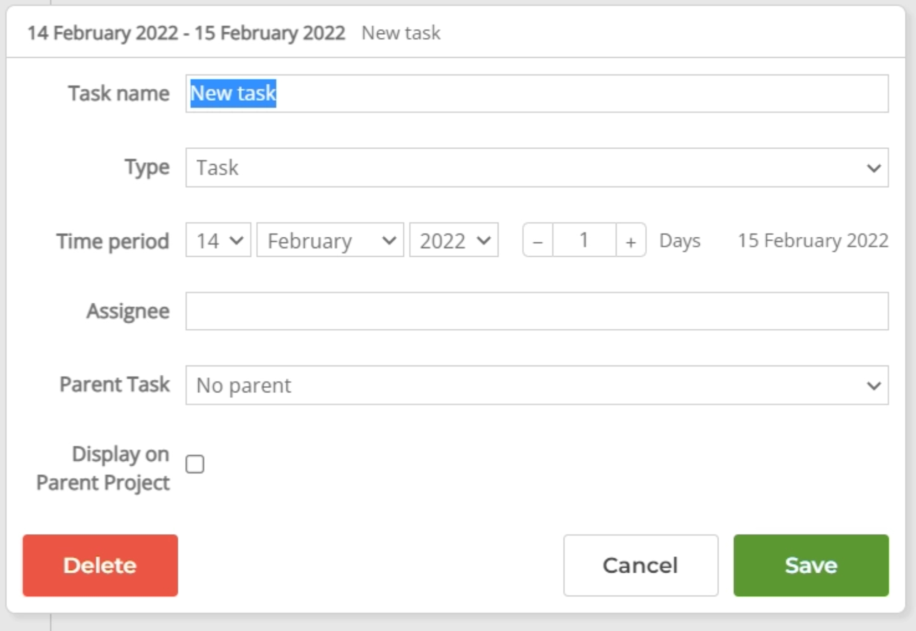 Gantt chart edit modal.