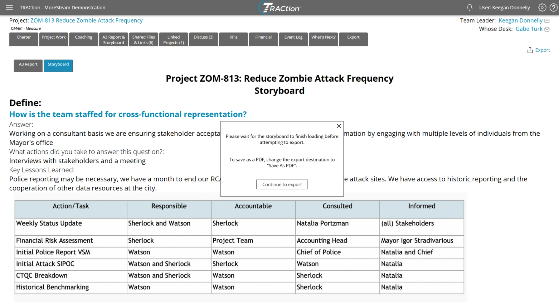 A project storyboard with the export instructions visible.