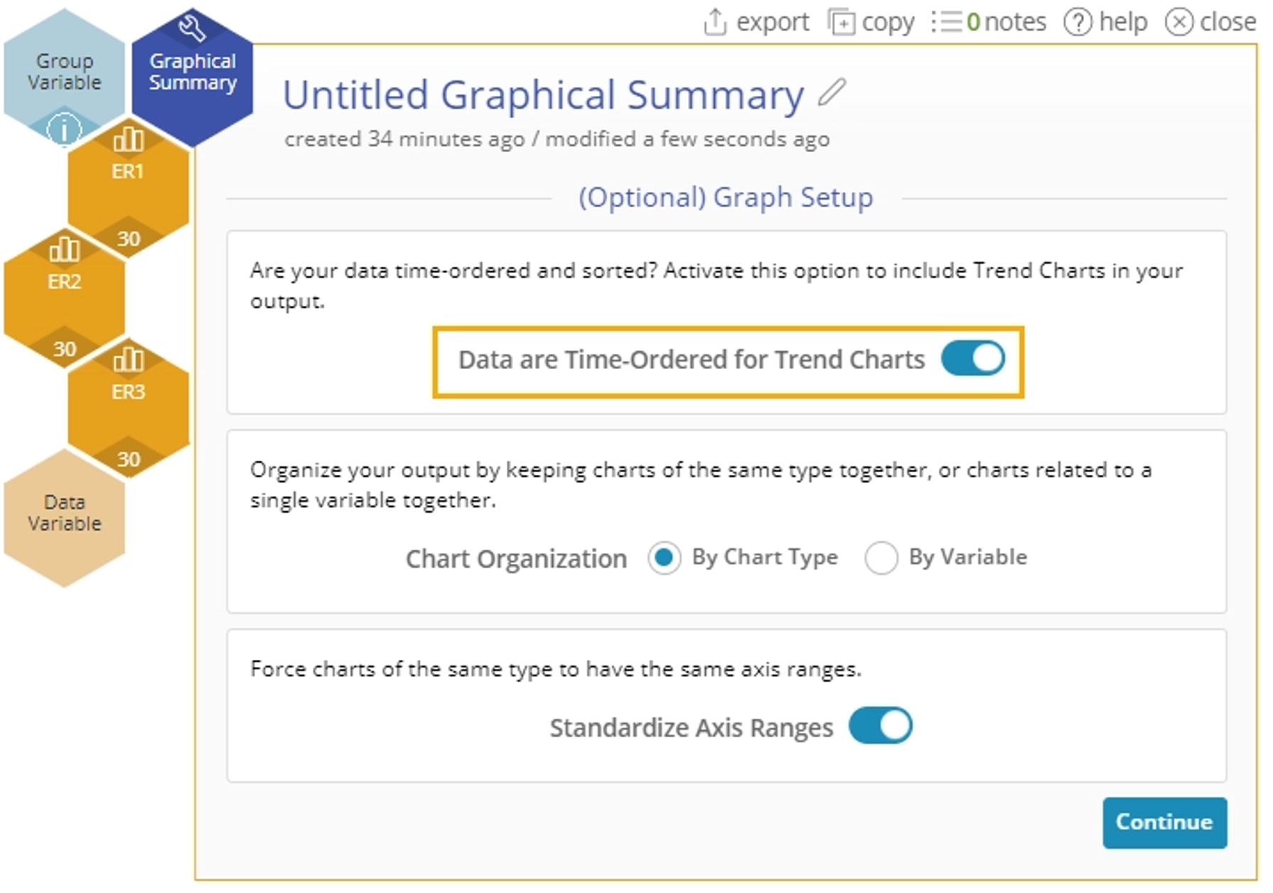 Graphical summary set up menu with "Time ordered data" option checked.