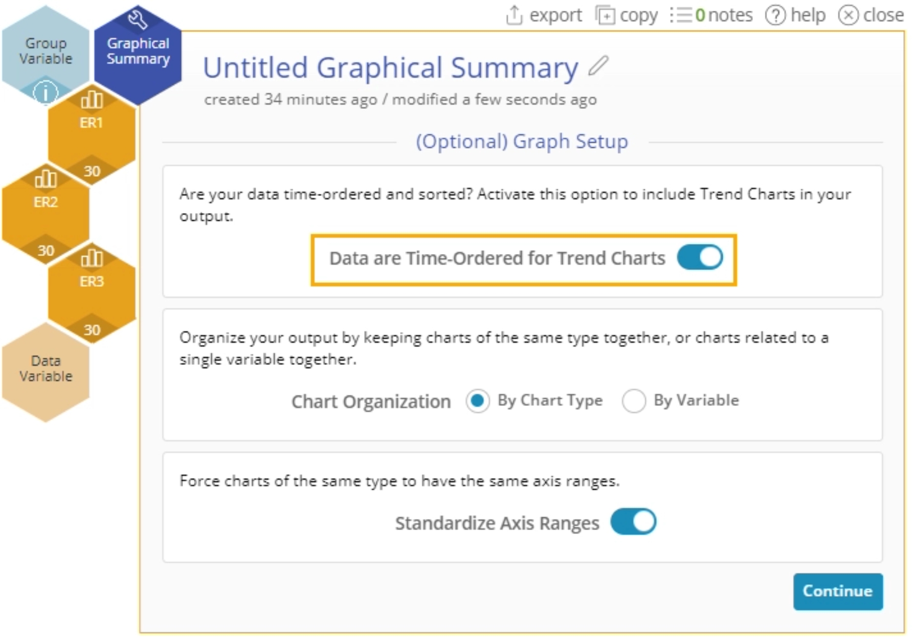 Graphical summary set up menu with "Time ordered data" option checked.