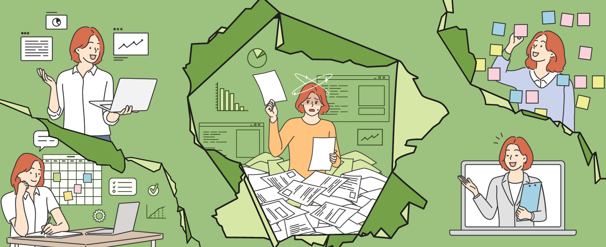 Woman drowning in paperwork and working with data and charts and graphs