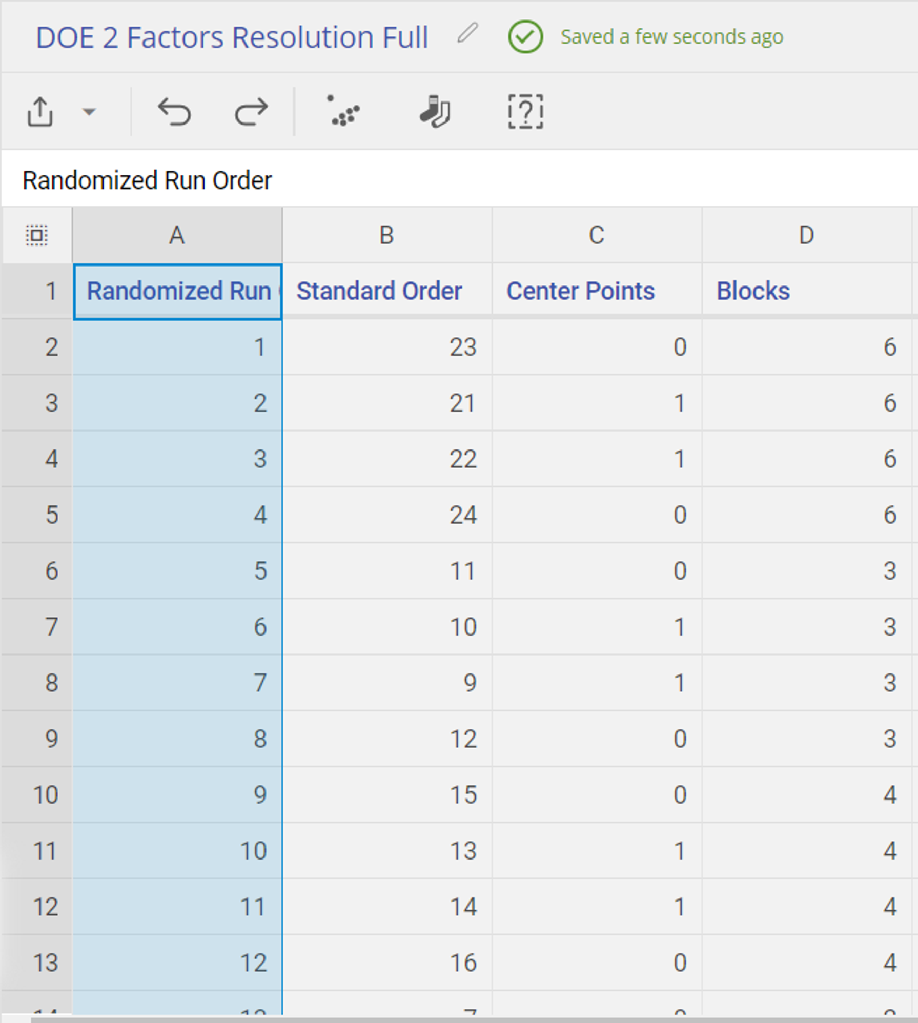 Data editor with Randomized Run Order highlighted and sorted in numeric order