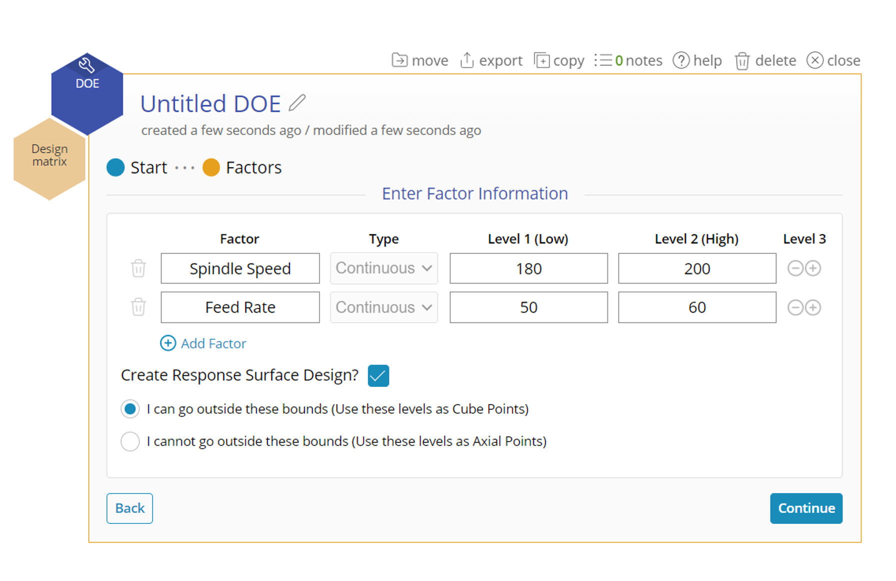 DOE dialog box showing factor information and other settings