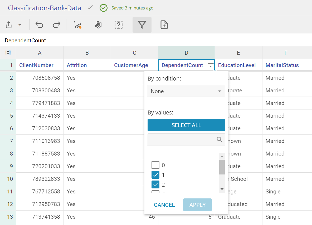 Dependent Count column highlighted with filter selection popover with 1 and 2 selected