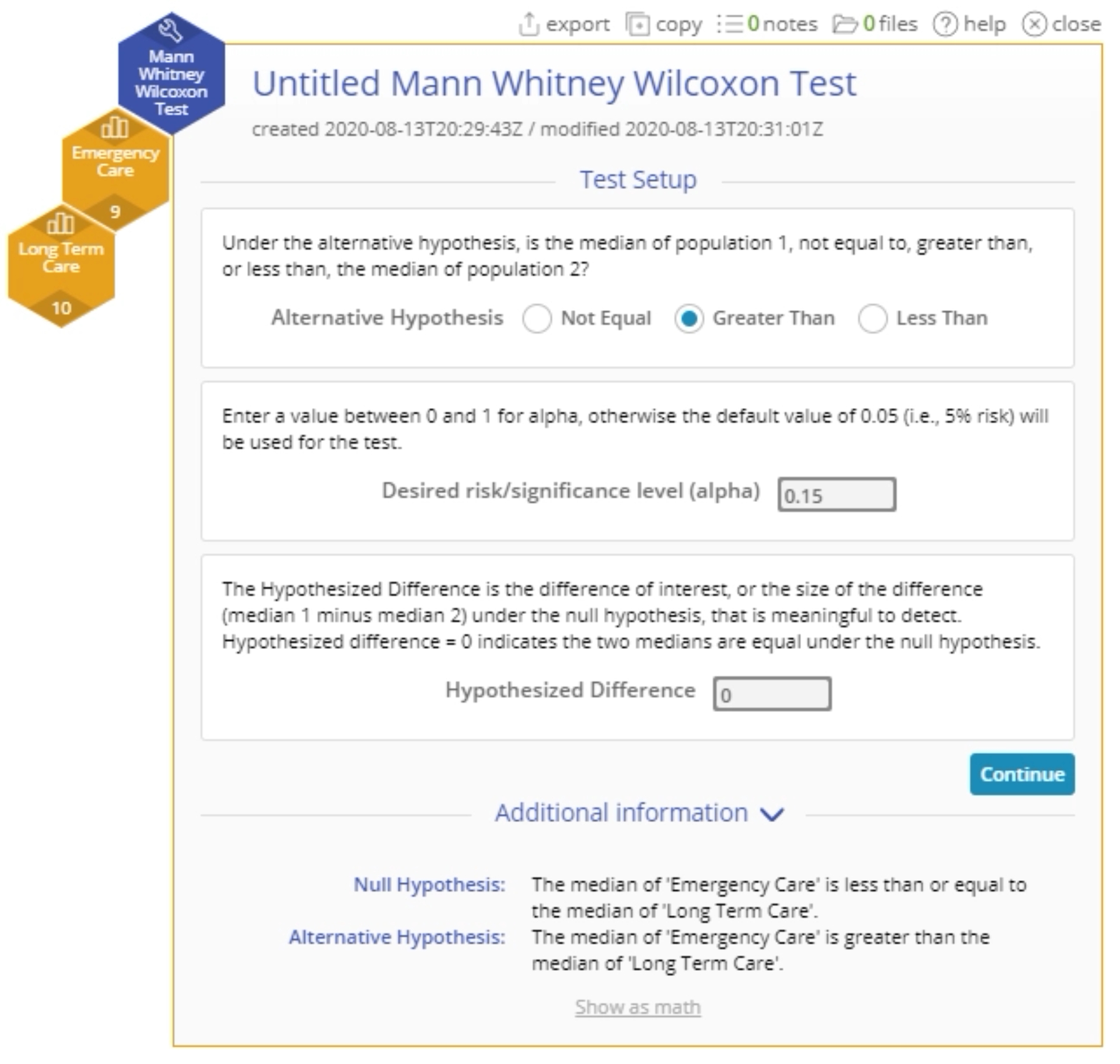 Set Up Menu for Mann Whitney Wilcoxon setup.