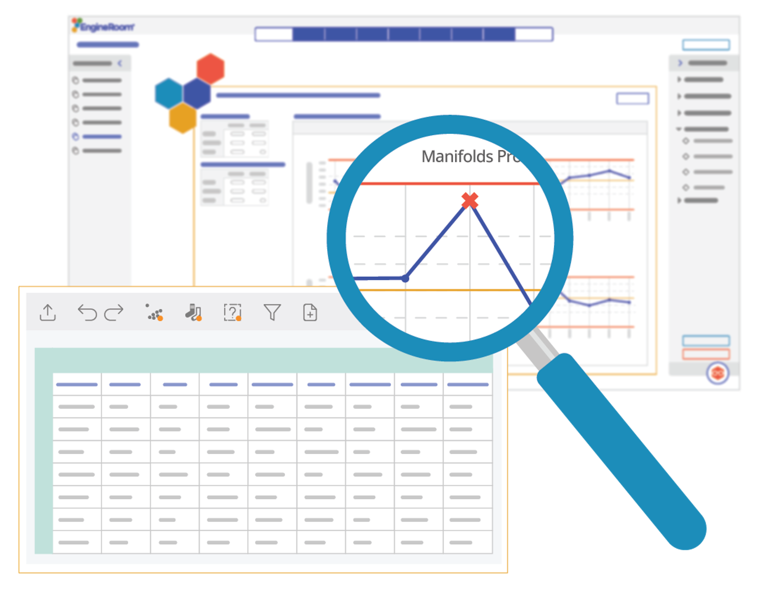 A magnifying glass displaying chart information next to a spreadsheet of data.
