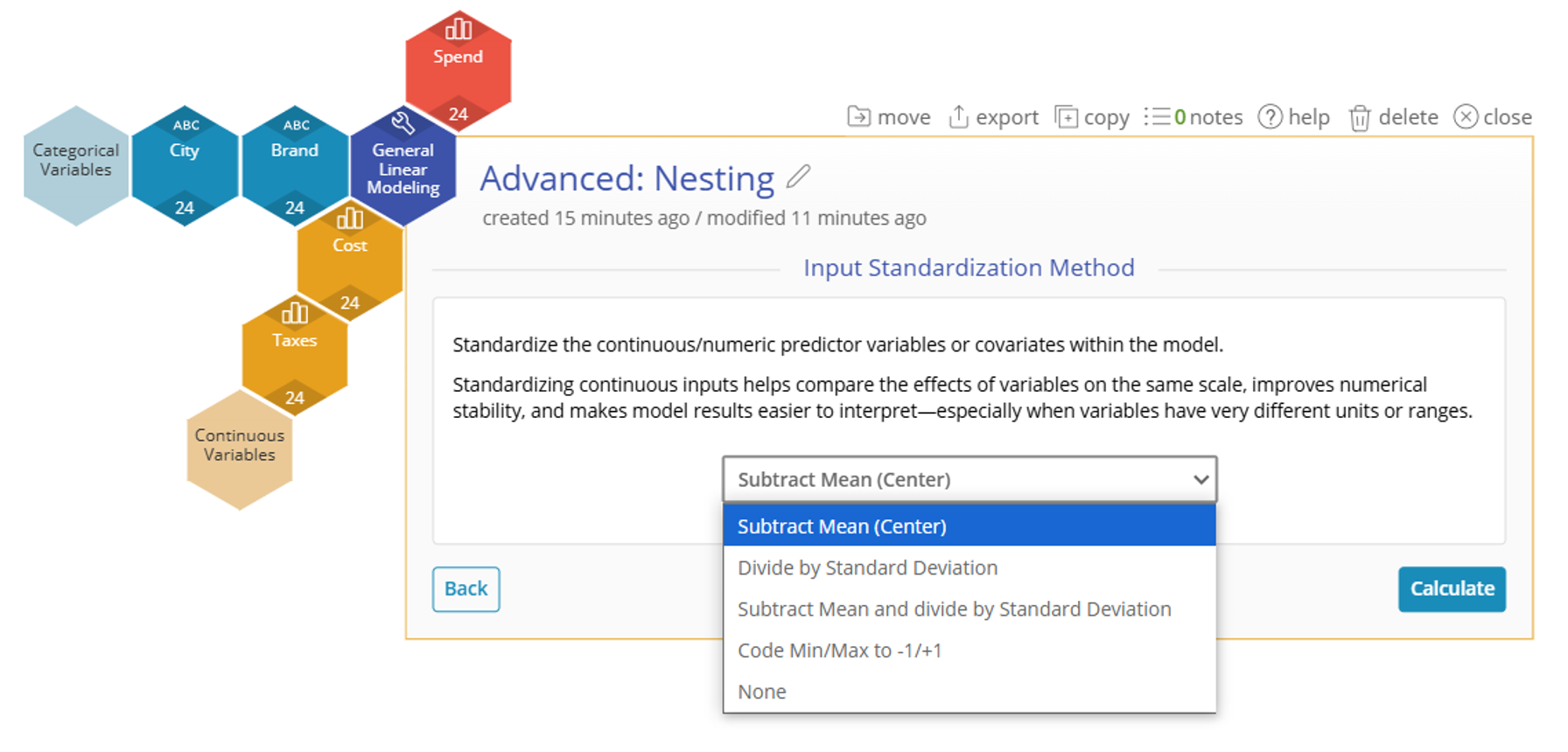 Dropdown showing the options for the input standarization method