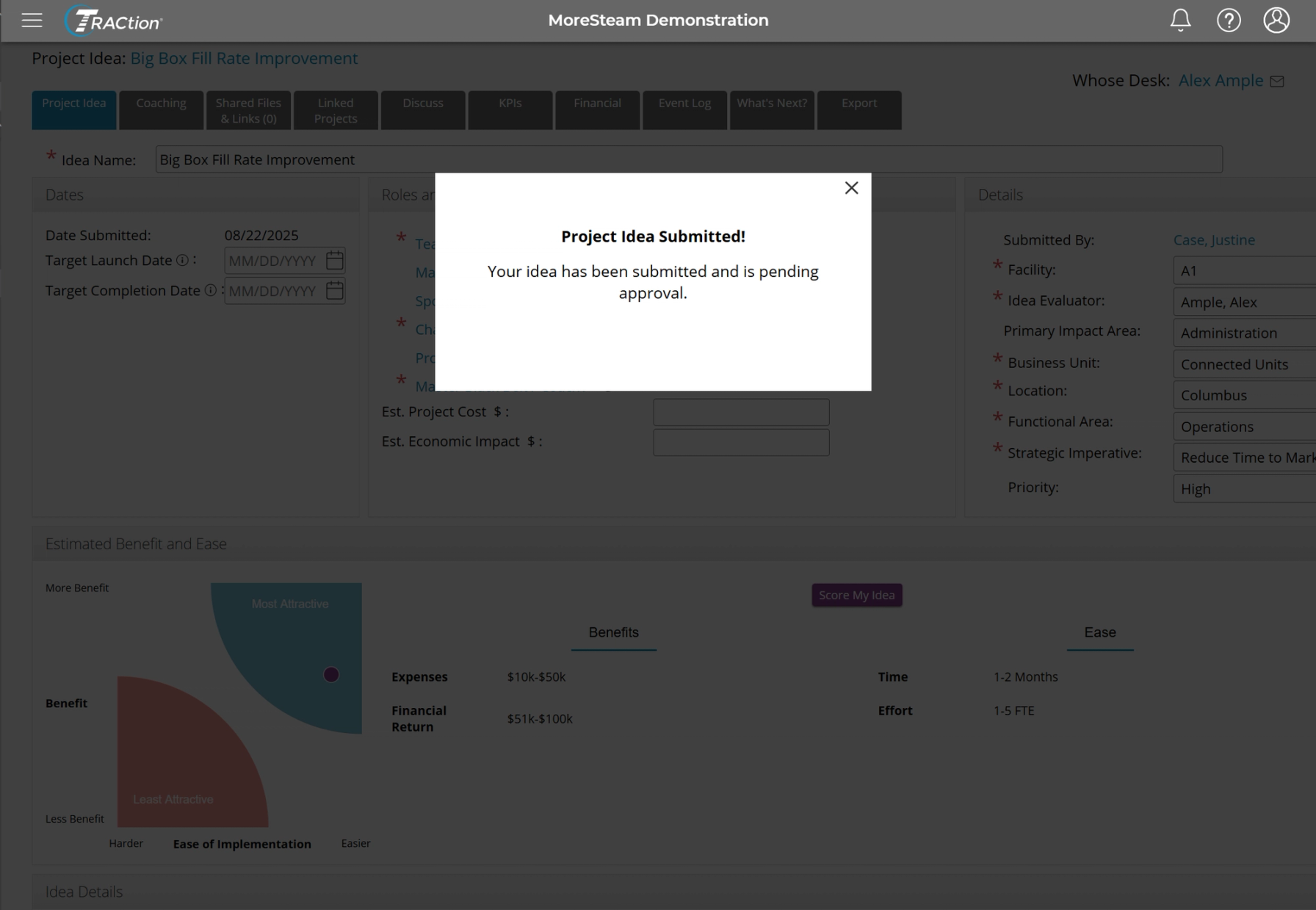 The project idea has been submitted for approval and displays a message to the person who submitted it that it is under review.