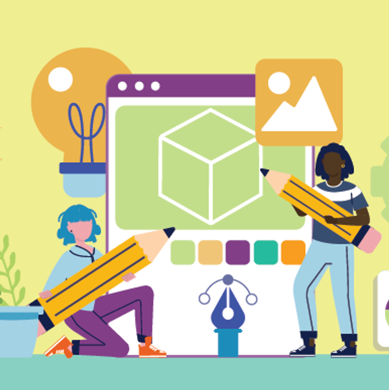 Abstract graphic of two people drawing a cube shape