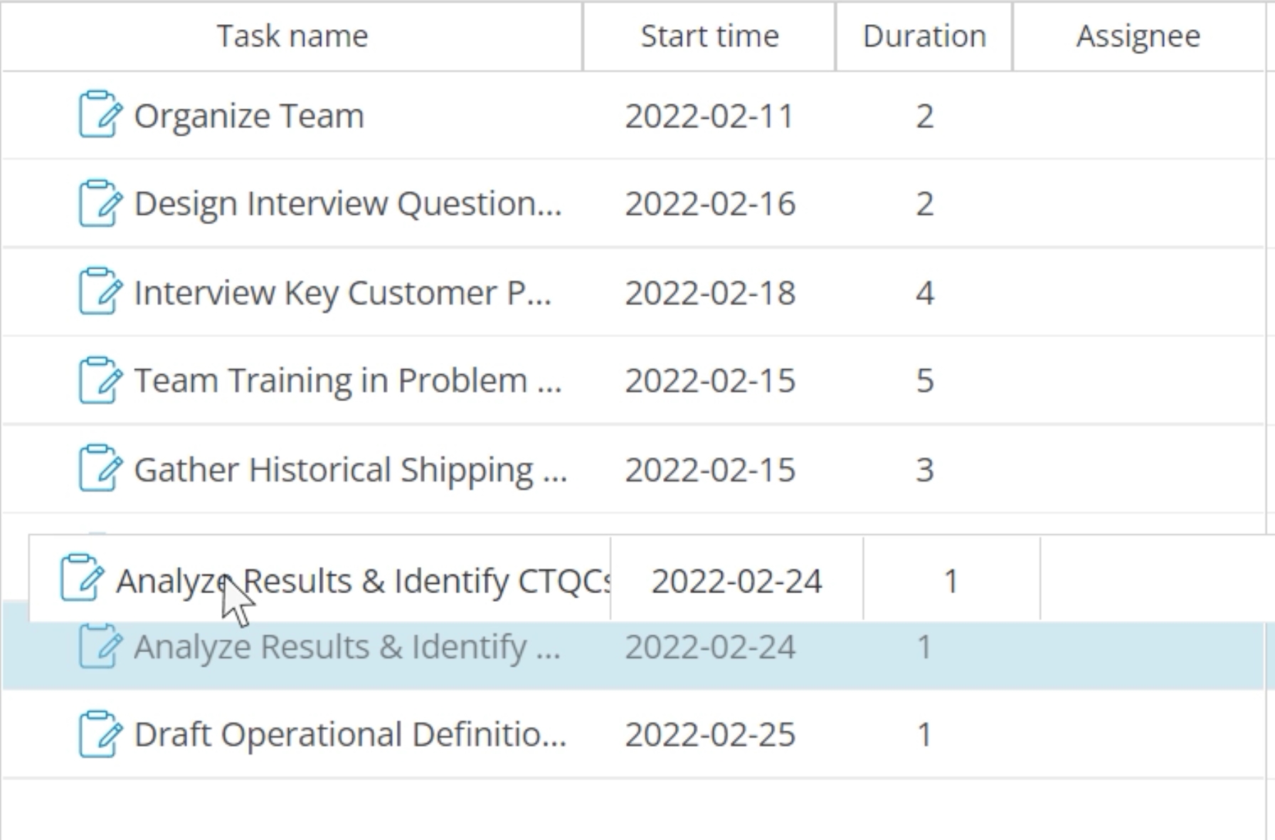 Example of reordering Gantt chart.