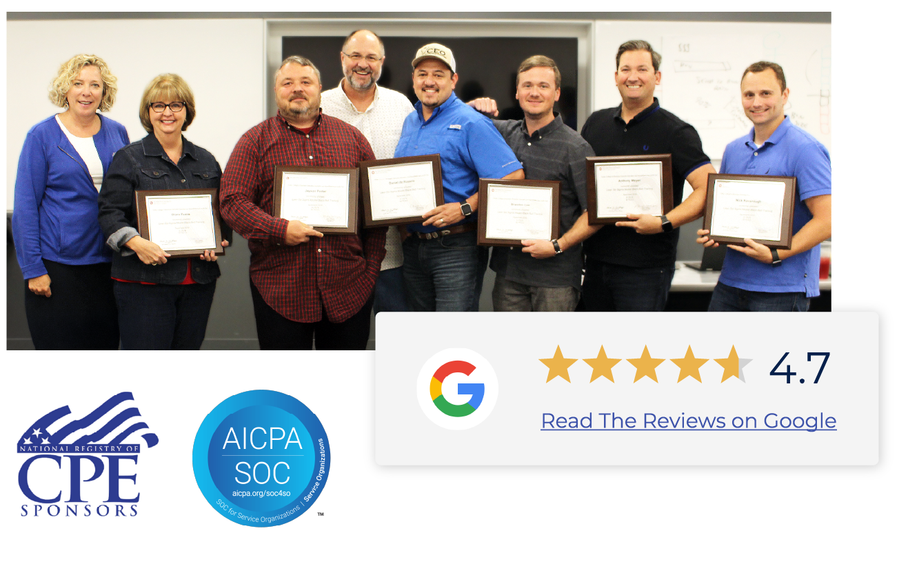 MoreSteam trust and credibility indicators including a 4.8-star Google rating, SOC 2 certification, CPE sponsor approval, and professionals holding Lean Six Sigma certifications.