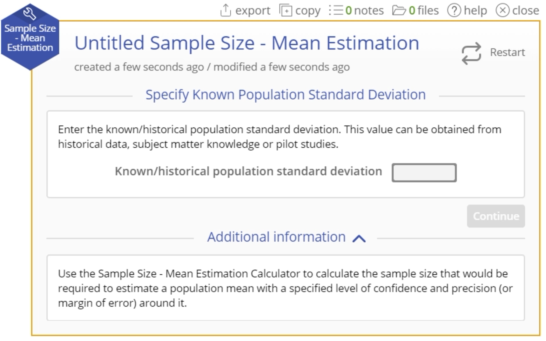 Start up menu for sample size estimation.