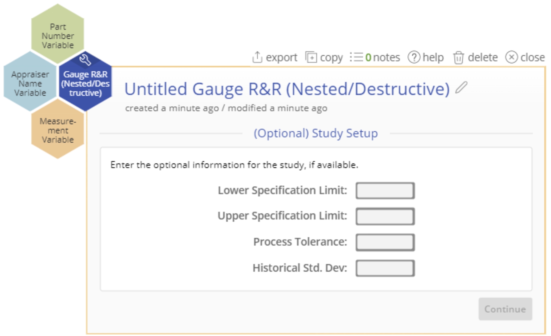 Nested gauge tool when first opened on the workspace, showing its drop zones and setup options.