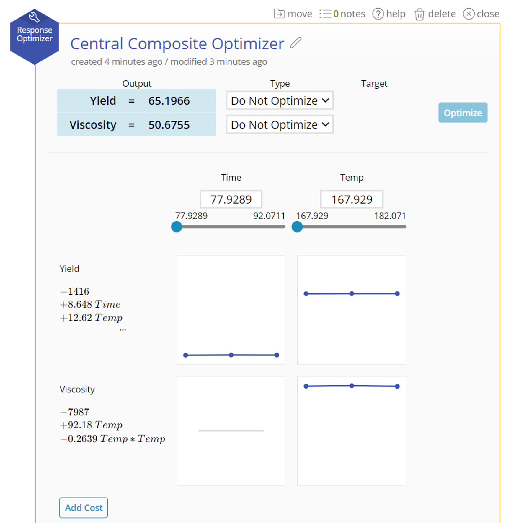 An optimizer tool with two responses and two inputs.