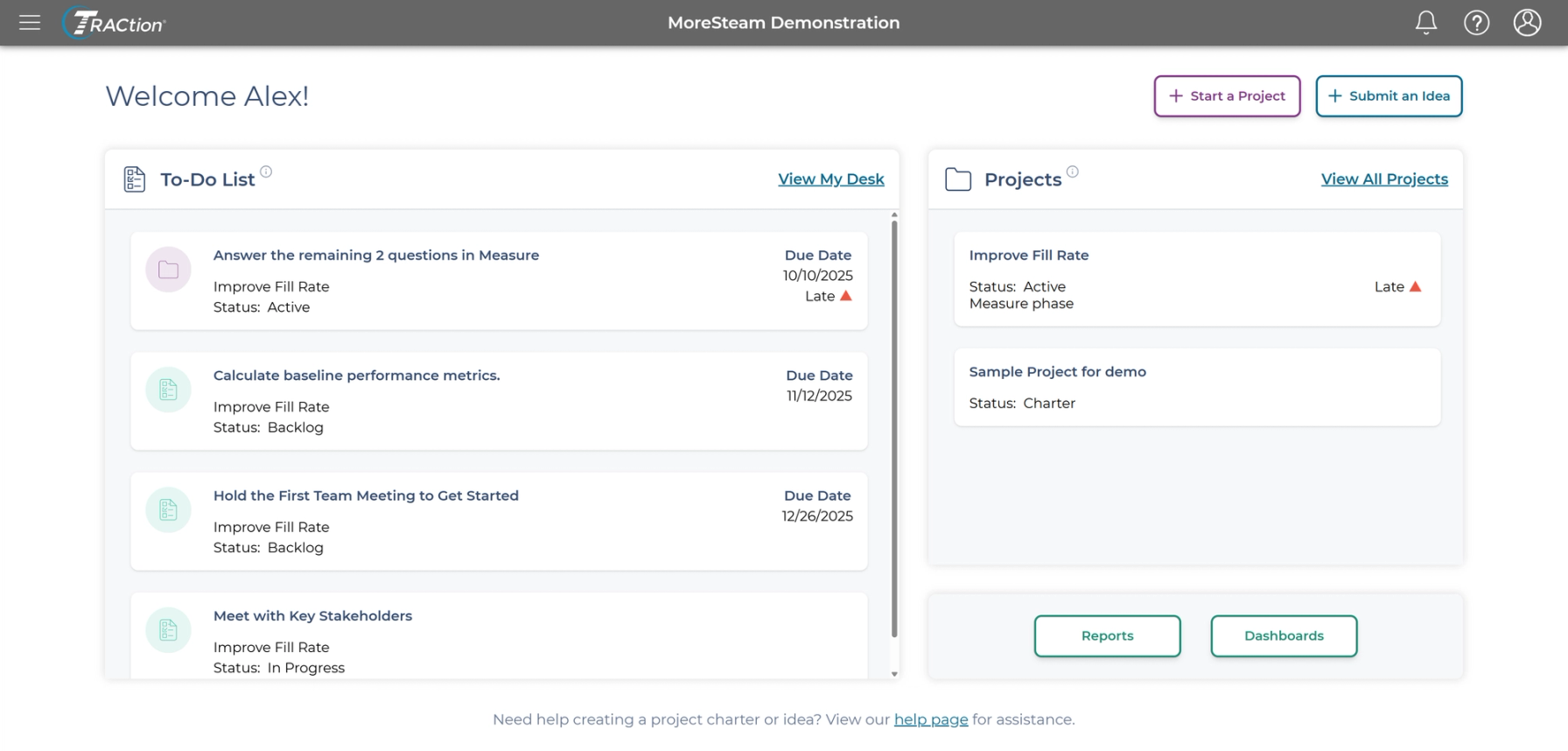 An example of a user's to-do page, showing four to-do items and two projects that were recently updated.