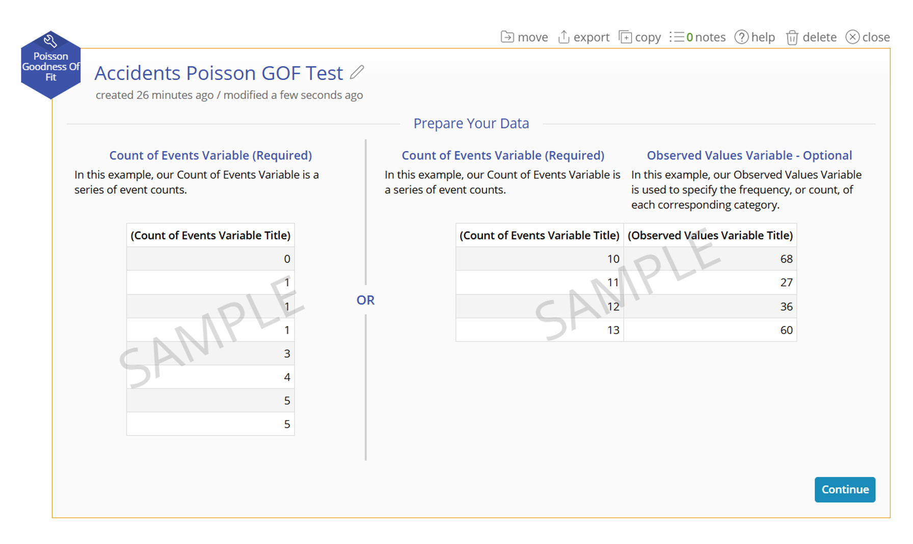 Example showing a single column of data vs. two columns containing the counts and the observed number of counts