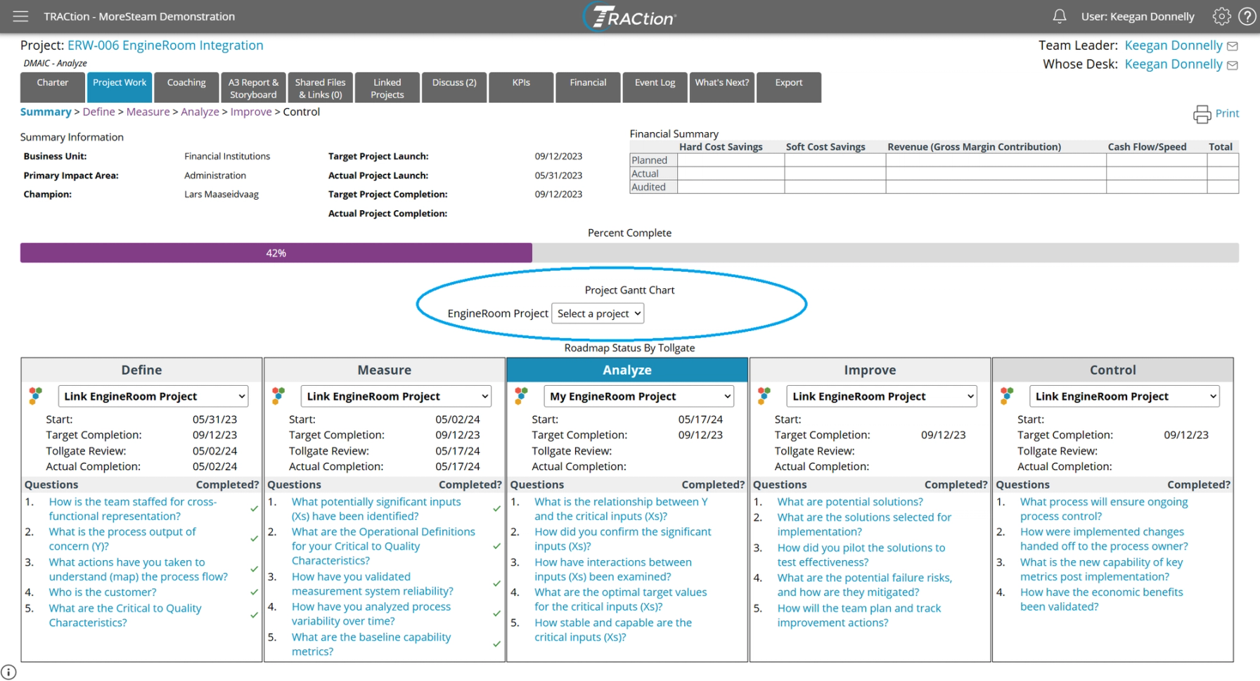 The Project Work page with the Gantt Chart menu visible.