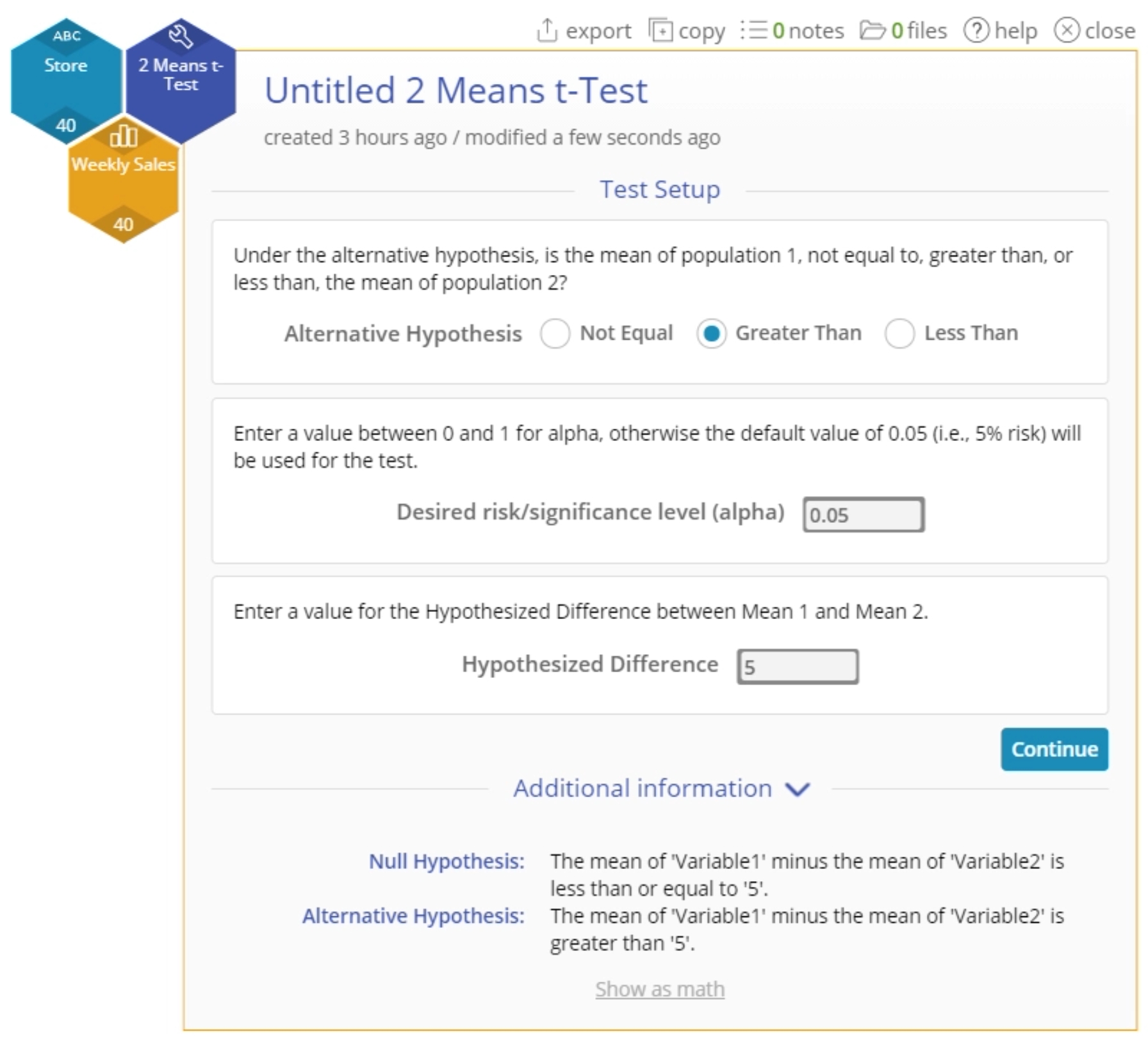 Example 2 Means t-Test set up menu.