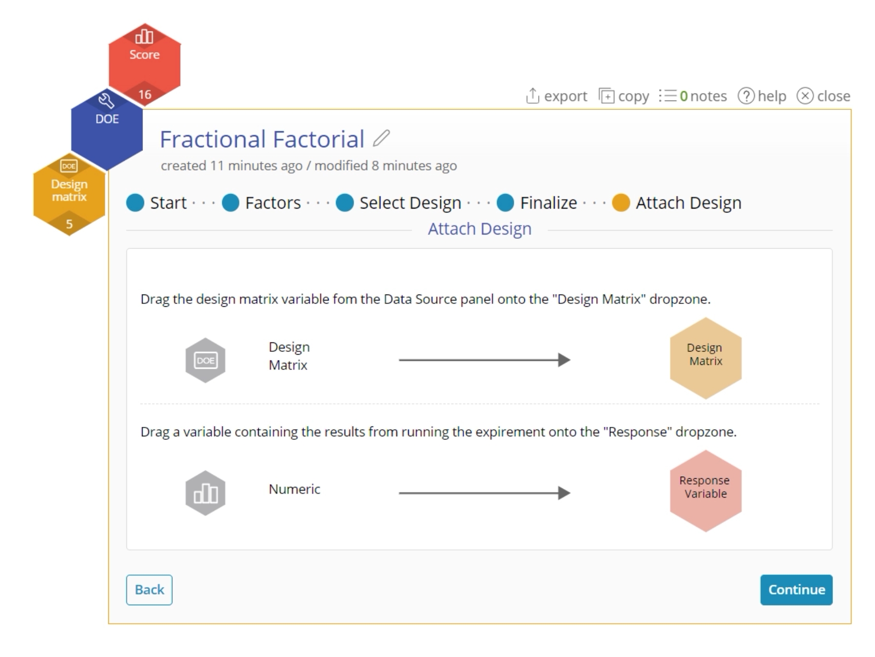 Screen guiding where to input design matrix and numeric variable.