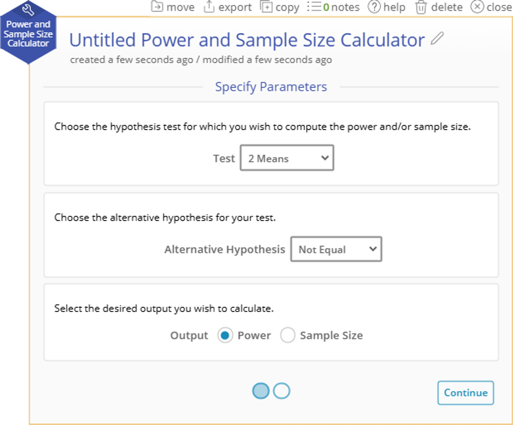 Power & Sample Size Calculator Selecting 2 Means & Power