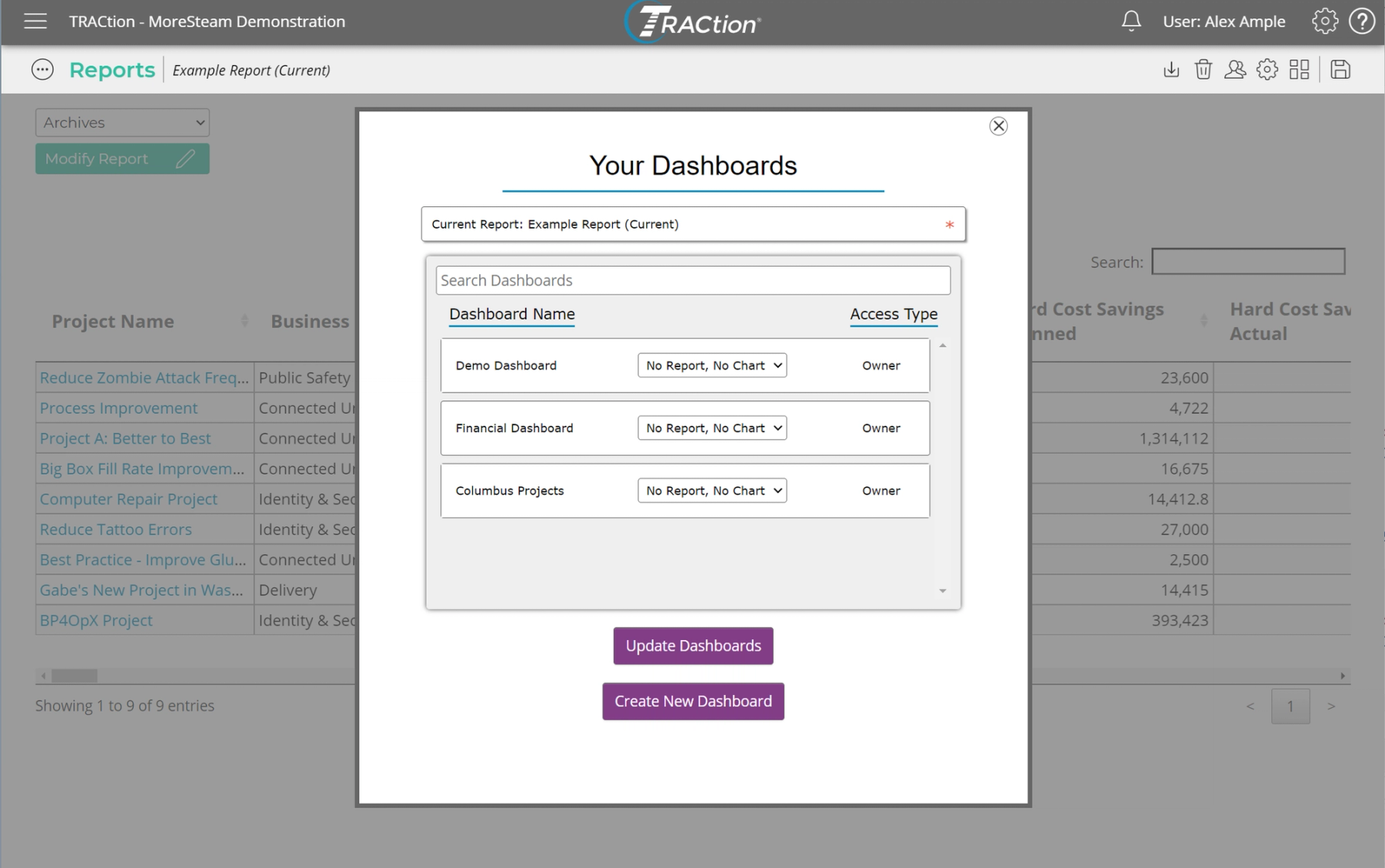 A list of the current available dashboards along with the ability to create one from scratch