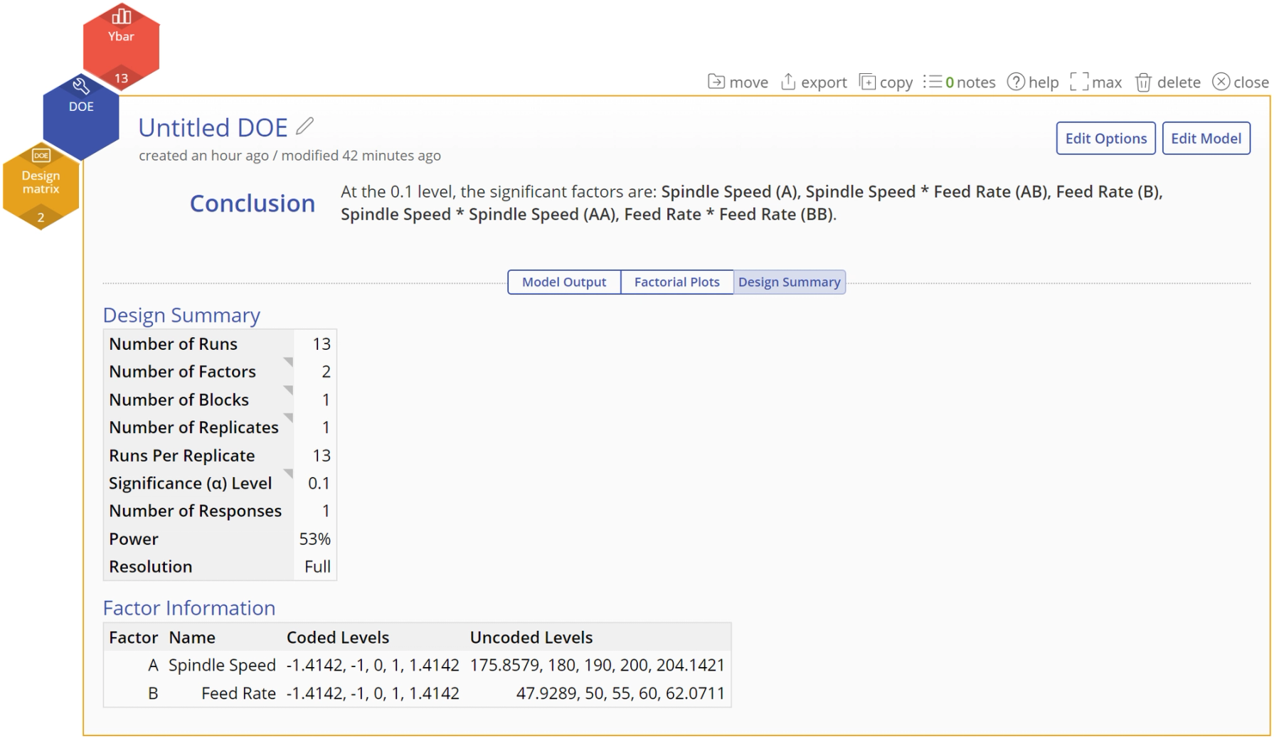 output screen showing the design summary