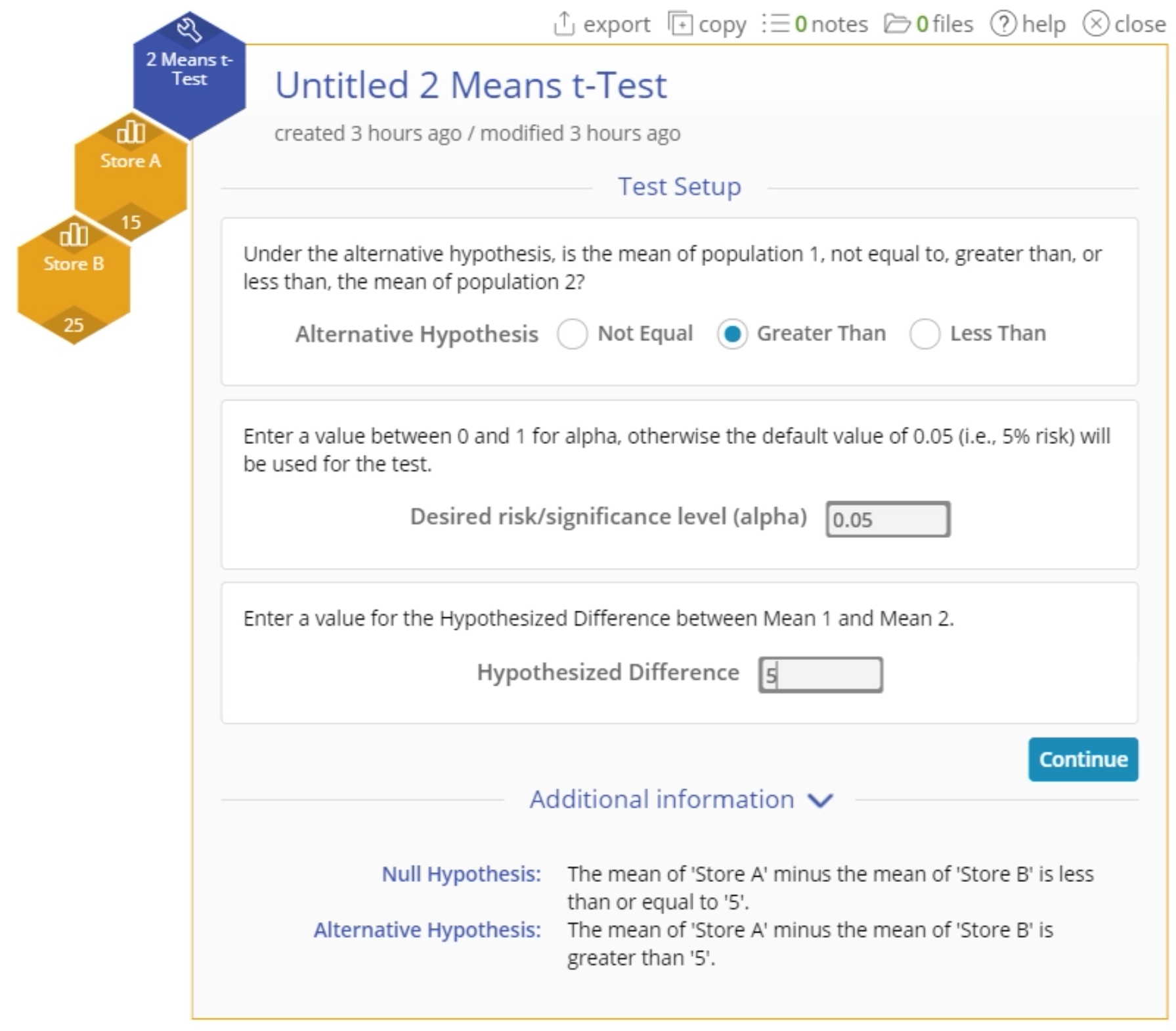 2 Means t-Test set up menu.