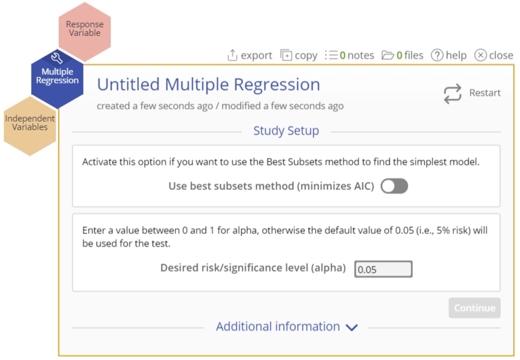 Multiple regression set up menu.