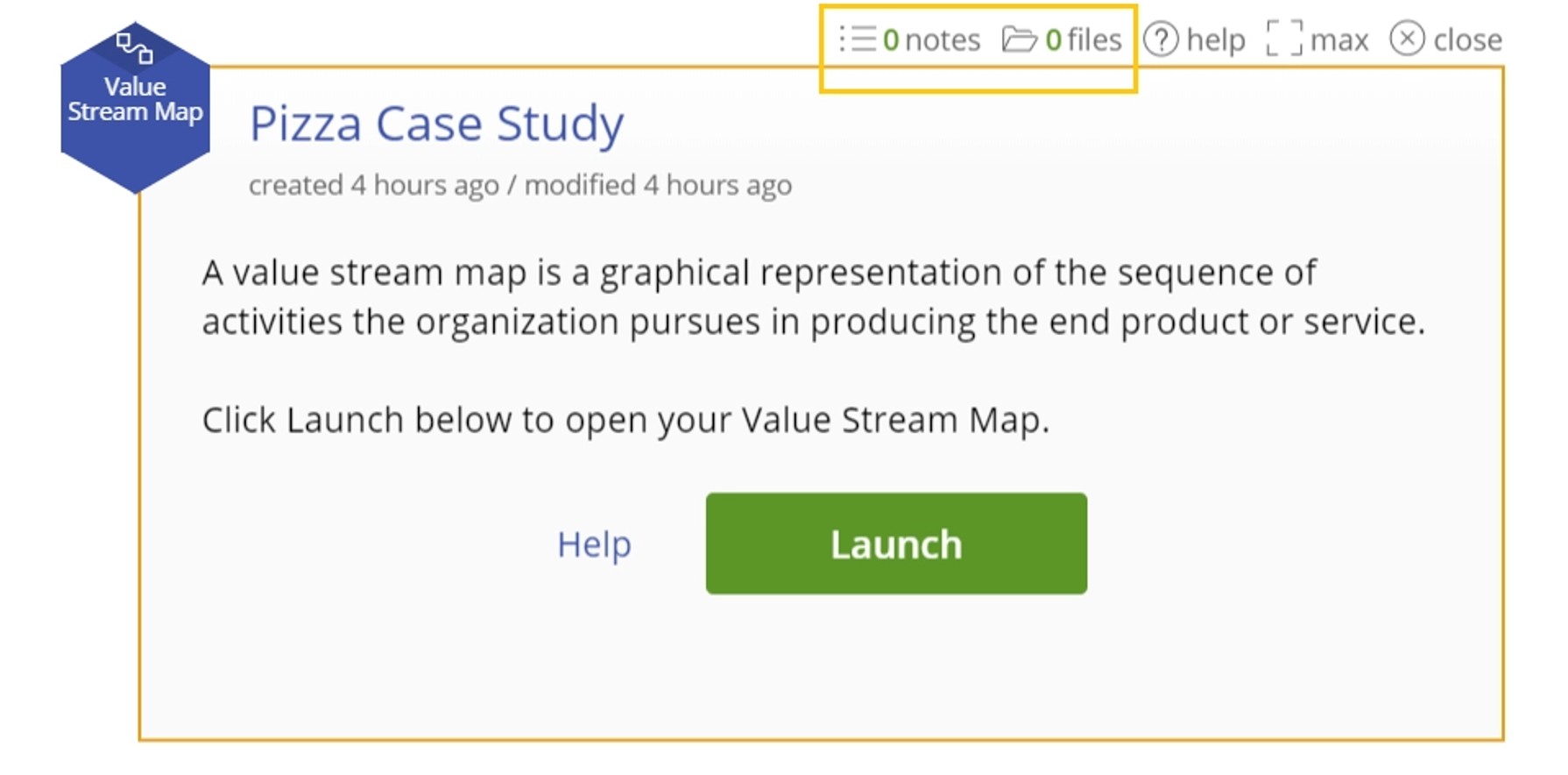 Case study map launch menu with "notes" and "files" icons highlighted.