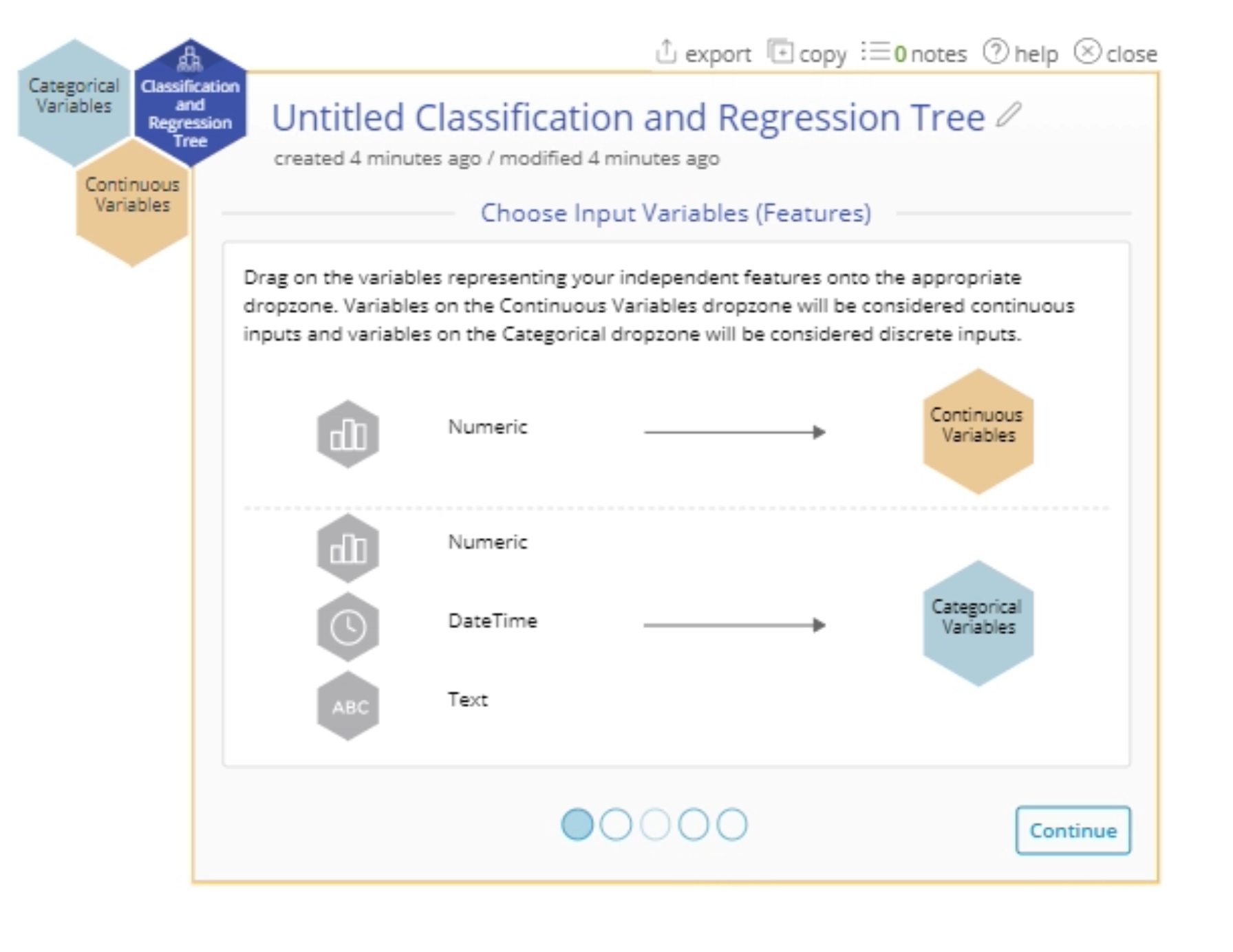 Classification and regression tree start up menu.