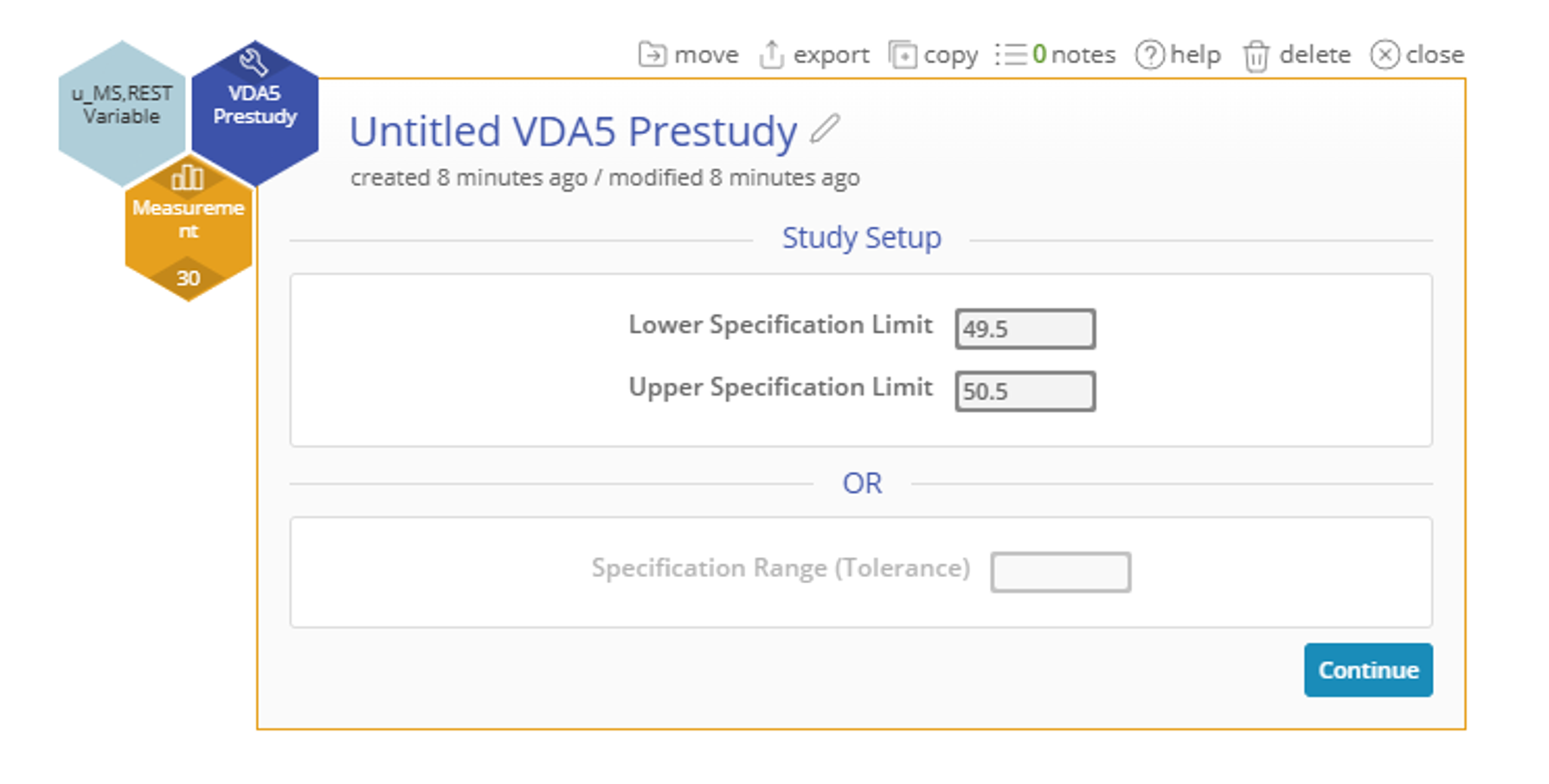 V D A 5 prestudy slide showing the Lower Specification Limit of 49.5 and Upper Specification Limit of 50.5