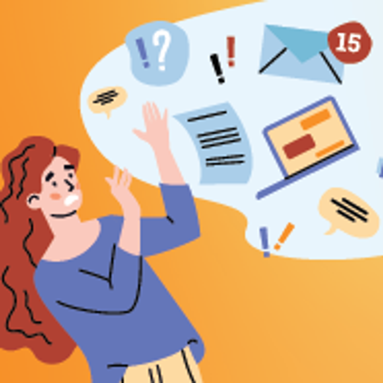 Woman overwhelmed by letters, messages, papers, and conversations